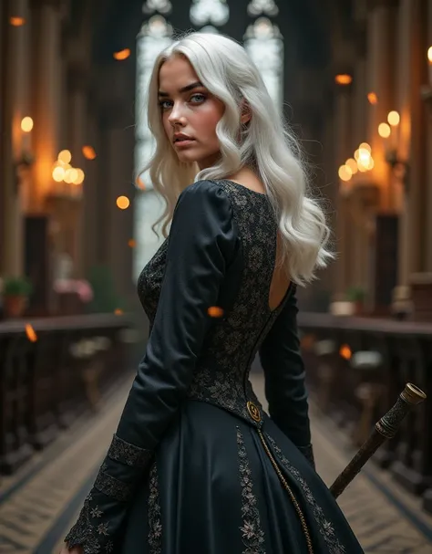 A strikingly elegant and alluring woman with medium-length wavy white hair, approximately 65 years old, standing confidently in a grand, enchanted hall. She is the heiress of Hogwarts and a descendant of the Dumbledore family, exuding an air of mystery and...