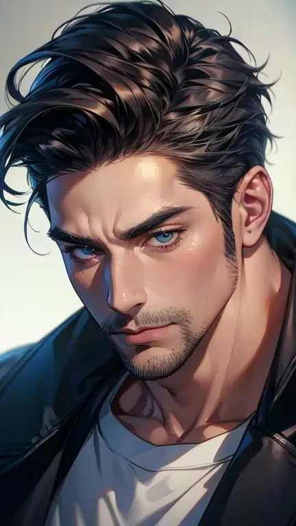 (    best quality,4K,8k,    highres,    masterpiece :1.2),    ultra-detailed    ,(realistic,photorealistic,photo-realistic:1.37),36-year-old man,3 day beard,Beautiful anime,Portraits,strong,Masculine,     with black hair  ,sharp jaw,       mesmerizing eyes...