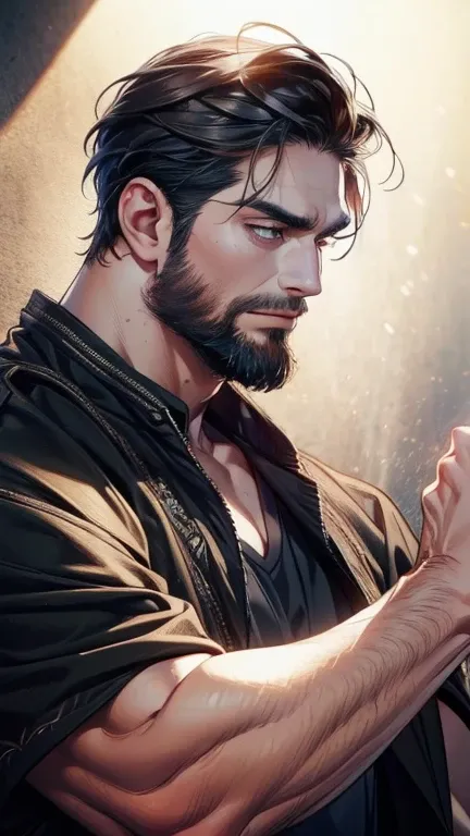 (    best quality,4K,8k,    highres,    masterpiece :1.2),    ultra-detailed    ,(realistic,photorealistic,photo-realistic:1.37),36-year-old man,3 day beard,Beautiful anime,Portraits,strong,Masculine,     with black hair  ,sharp jaw,       mesmerizing eyes...