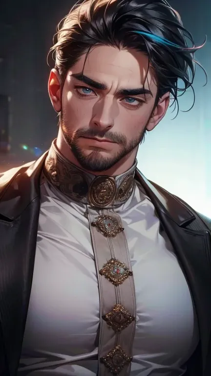 (    best quality,4K,8k,    highres,    masterpiece :1.2),    ultra-detailed    ,(realistic,photorealistic,photo-realistic:1.37),36-year-old man,3 day beard,Beautiful anime,Portraits,strong,Masculine,     with black hair  ,sharp jaw,       mesmerizing eyes...