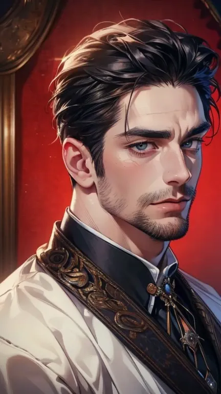 (    best quality,4K,8k,    highres,    masterpiece :1.2),    ultra-detailed    ,(realistic,photorealistic,photo-realistic:1.37),36-year-old man,3 day beard,Beautiful anime,Portraits,strong,Masculine,     with black hair  ,sharp jaw,       mesmerizing eyes...