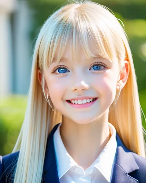 portrait、School uniform、World's Finest White Blonde Girl 、 Super Long Ponytail、 Young, Shiny, Radiant, White, Beautiful Skin 、Gloss Face、Sparkling Cheek Gloss 、Small Face Beauty、The best beauty、 Dazzling Blonde Reflections 、 bright blond hair with dazzling...