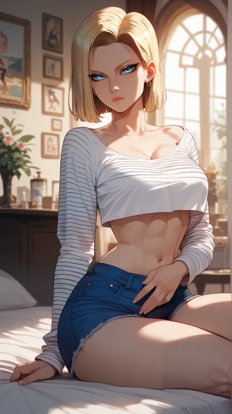 Android 18 style,  perfect eyes,  perfectly sexy face, ultra detailed,  ultra perfect eyes ,  big beautiful woman , sitting, dark blue shorts, Body,  looking at the spectator,