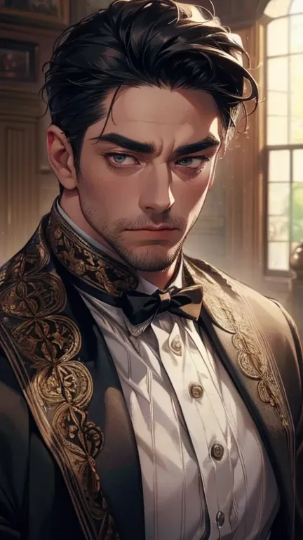 (    best quality,4K,8k,    highres,    masterpiece :1.2),    ultra-detailed    ,(realistic,photorealistic,photo-realistic:1.37),36-year-old man,3 day beard,Beautiful anime,Portraits,strong,Masculine,     with black hair  ,sharp jaw,       mesmerizing eyes...