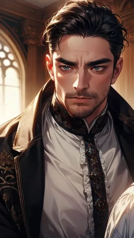 (    best quality,4K,8k,    highres,    masterpiece :1.2),    ultra-detailed    ,(realistic,photorealistic,photo-realistic:1.37),36-year-old man,3 day beard,Beautiful anime,Portraits,strong,Masculine,     with black hair  ,sharp jaw,       mesmerizing eyes...