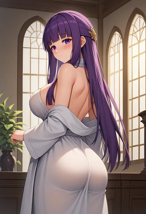  score_9,  score_8_arriba,  score_7_arriba, 1 girl, Fern \( sousou no frieren \),  Purple hair,  long hair,  blunt bangs , half arrived, open robe,  long dress ,  looking at the spectator,  Looking back,Alone ,  posing for a photo ,  seductive,  perfect li...