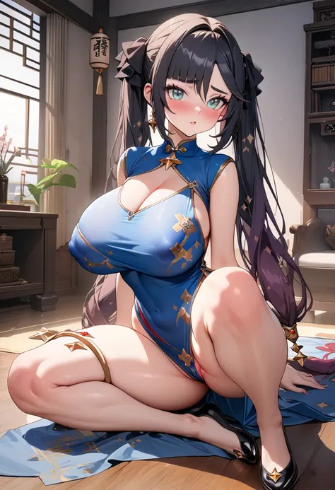 8k, masterpiece, best quality, ultra detailed, Ultra-high resolution, Highly detailed CG, break, 1girl, mona\(genshin impact\), kawaii, nsfw, huge breasts, slender, (Cheongsam:1.2), full body, indoors, sitting on sofa
