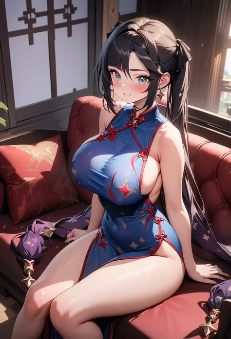 8k, masterpiece, best quality, ultra detailed, Ultra-high resolution, Highly detailed CG, break, 1girl, mona\(genshin impact\), kawaii, nsfw, huge breasts, slender, (Cheongsam:1.2), full body, indoors, sitting on sofa
