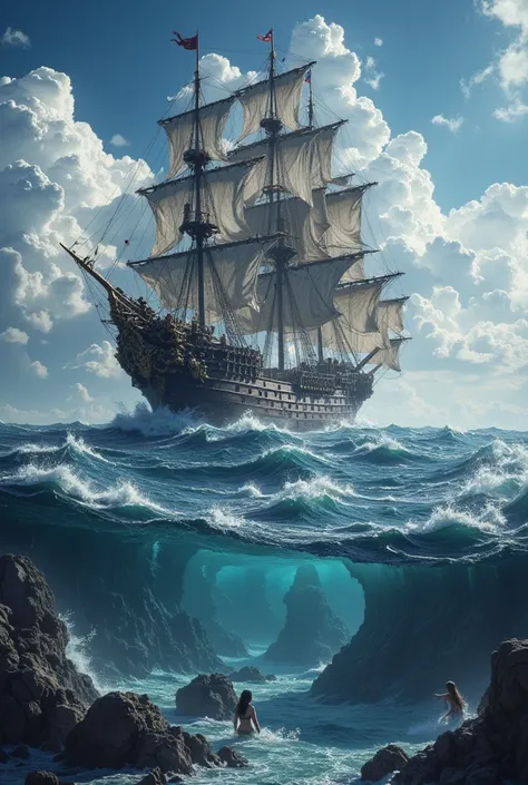   Dark Fantasy 、 A scene where mermaids swim in the ocean on a gorgeous steampunk pirate ship　  uninhabited island  、Beautiful blue sky、    gentle waves  、     High Definition   、4K、  landscape photography