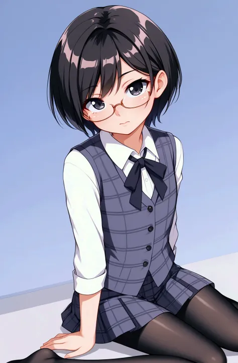 glasses, solo, 1girl, black hair, androgynous, shirt, vest, white shirt, plaid, upper body, collared shirt, short hair, looking at viewer, black eyes, closed mouth, plaid vest, plaid skirt, ribbon, pantyhose, full body 