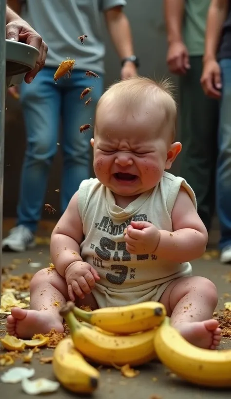 the baby with an expression of extreme sadness and crying a lot, while a person throws garbage from a garbage can all over the baby, , from this a lot bin banana peelsand very much a lot cockroaches are falling and the people behind the baby are having a g...