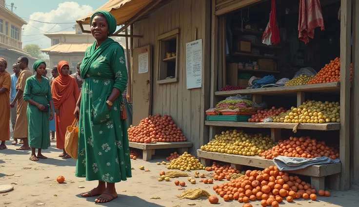 digital illustration of An African woman in her early sixties  she is wearing a headscarf, she is medium weight wearing a green floral dress. A crowd had gathered near the corner of her store , now overturned, her meticulously arranged goods scattered like...