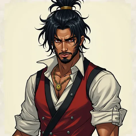 *I’m Giro Sakamoto, The Ronin, I have messy black hair that’s in a ronin top knot and a stubble beard, a large ripped mouth scar and red eyes. I’m wearing a white dress shirt with red and black vest, rolled up sleeves, a gold watch and black dress shoes. I...