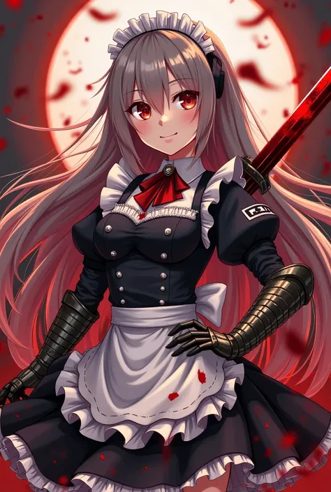  anime girl with sword and bloody armor holding a bloody sword,  an anime cartoon by Jin Homura , pixiv,  self destructing art  , gapmoe Yandere,  gapmoe yandere grimdark ,  anime created Nazi SS military, Intricate Yandere, Yandere,  anime girl in a maid ...