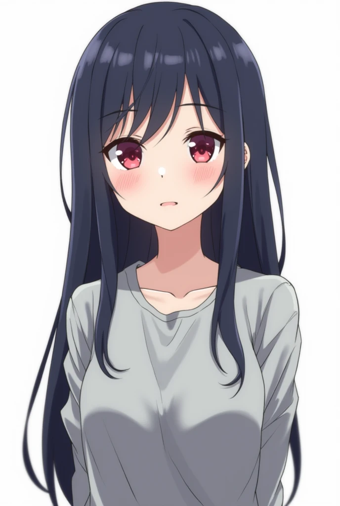 Female anime character with Sousou no Frieren anime drawing style.  girl with long dark blue hair, charming and sparkling red eyes, wearing a slightly worn gray shirt. Plain white background. The photo size is from her stomach up.