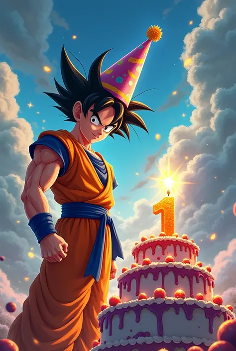 Create an image of a Goku wearing a birthday hat with a cake with a candle that is number one with an epic background