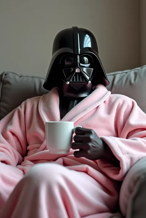  DARTH VADER with closed bathrobe  (light pink), covering your body , sitting on a couch watching TV,  holding a coffee mug with one hand, with a relaxed and relaxed posture ,  as if resting at home , on a neutral background,  minimalist,  realistic image ...