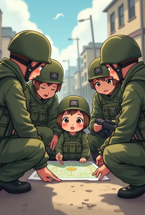 Soldiers consulting a cutie to find GPS coordinates, in a war scenario