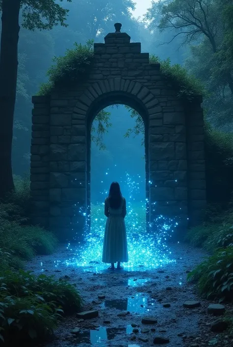 A woman standing in the middle of the ruins of a stone house in the middle of a forest next to a lake with lots of phosphorescent blue sparkles floating around, pretending to be magic that comes out of the ground and a man as if he were making the sparkles...