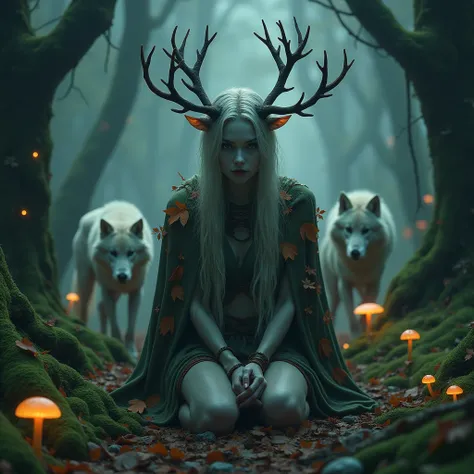 "A pale-skinned druid with antlers sprouting from her head kneels in an ancient, overgrown grove. Bioluminescent vines coil around her arms, and her cloak is woven from autumn leaves. Around her, spectral wolves and glowing mushrooms emerge from the mist. ...