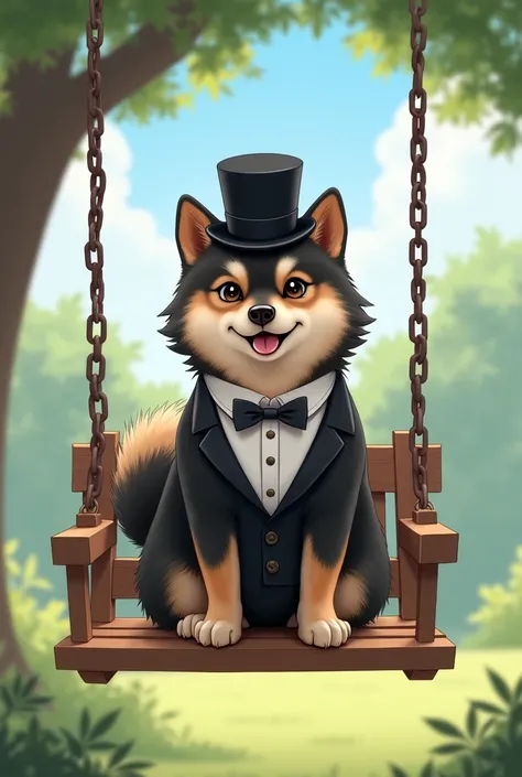 A black Shiba Inu dog sitting on a swing with a tie and top hat on and adorable face