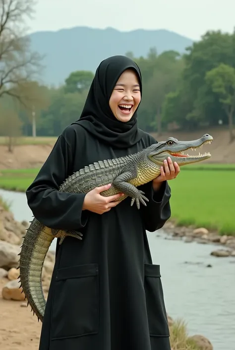  a beautiful Korean adult girl dressed in black and white muslim dress holding a crocodile while laughing cynically.8K image quality . with dry river and rice fields in the background and green trees and rocks . Realistic art .