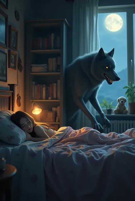 A girl sleeping in her room while a werewolf watches her from the dark 