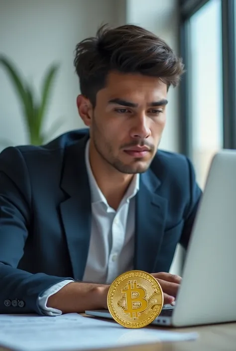 A young man doing crypto trading and a bitcoin lying beside him