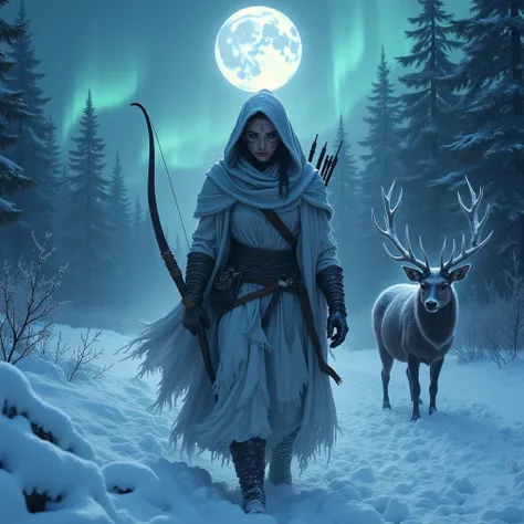 **Moonlit Huntress of the Frozen Wastes**  
"A cloaked archer with silver tattoos across her face tracks a spectral stag through a snowbound tundra. The northern lights ripple above, and her bow is carved from ice. Her breath freezes in the air, and ghostl...