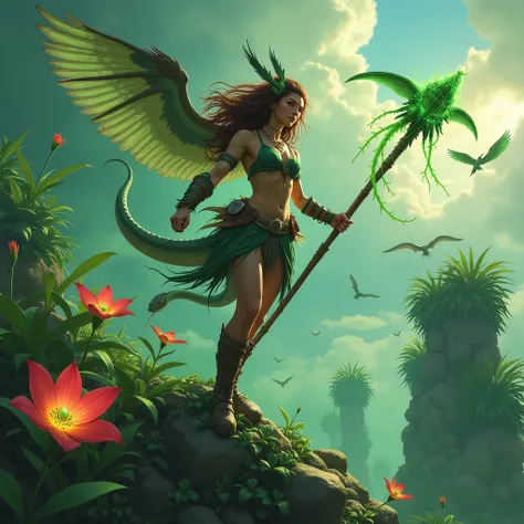 **Beast Tamer of the Floating Isles**  
"A wild-haired girl in patchwork leather armor commands a flock of winged serpents above emerald-green floating islands. Her staff pulses with green energy, and tropical storms brew in the distance. Exotic flora surr...