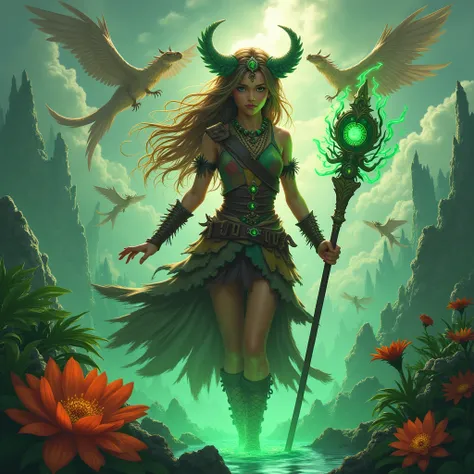 **Beast Tamer of the Floating Isles**  
"A wild-haired girl in patchwork leather armor commands a flock of winged serpents above emerald-green floating islands. Her staff pulses with green energy, and tropical storms brew in the distance. Exotic flora surr...