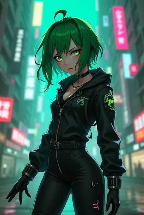 Anime toxic girl green short hair cyberpunk style black clothes