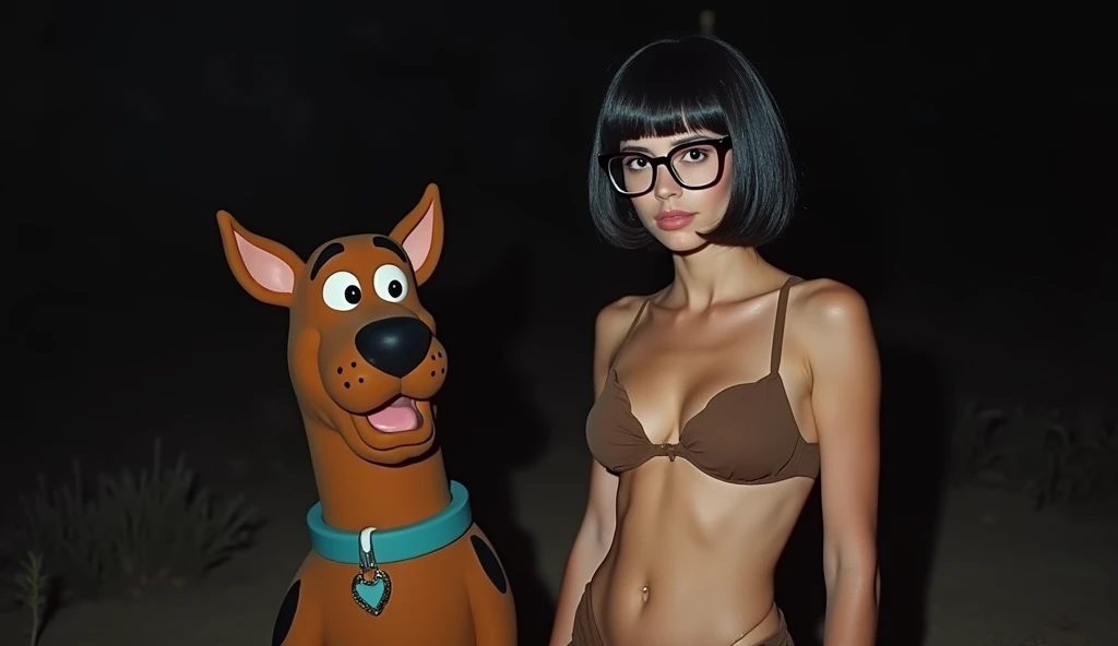 Sheila (woman, age): Her short black hair with white bangs, with black square-framed glasses. She wears a short brown bikini skirt, large and full breasts. Slim waist and exposed belly. 
 Ultra realistic Scoobydoo with realistic fur on the side. Compact bo...