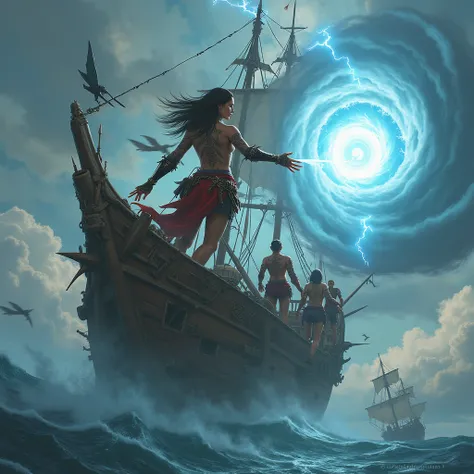 **Stormcaller of the Sky Nomads**  
"A tattooed sky pirate captain with a mechanical arm stands on the prow of a floating ship made of stormclouds and salvaged airship parts. Lightning crackles in her palm as she commands a cyclone to swallow enemy vessels...