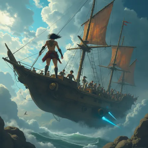 **Stormcaller of the Sky Nomads**  
"A tattooed sky pirate captain with a mechanical arm stands on the prow of a floating ship made of stormclouds and salvaged airship parts. Lightning crackles in her palm as she commands a cyclone to swallow enemy vessels...