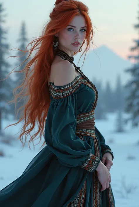 Beautiful nordic woman, viking, red hair, blue eyes, old traditional dress, dynamic energetic pose, hands on hips, lapland nordic nature background, minimalist, sharp, cool lighting, dawn, sensual