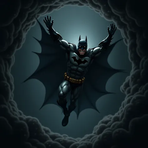 batman, Who falls into a swirling black abyss and the expression yes Batman is in a panic can be seen in full body falling squirming in the swirling void