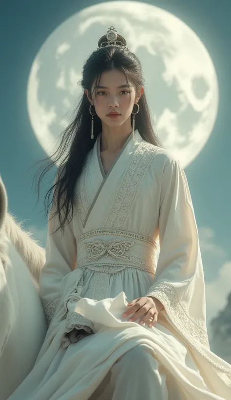  An 18-year-old young man with a Chinese face dressed in a long white antique Chinese dress with a leather interior, a long white lace dress, long hair, a white horse riding on the moon, anatomically correct., 