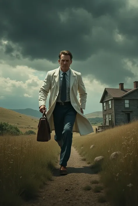 Create an image of a 1950s doctor with a briefcase rushing into a farmhouse. His expression is one of urgency and concern. The atmosphere must be tense, with a storm brewing in the background."