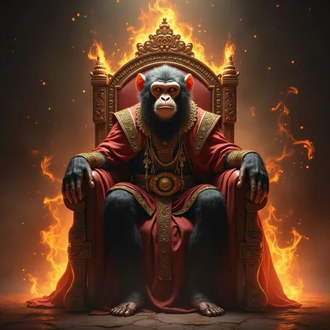 Monkey sitting on a throne with flames around dark background