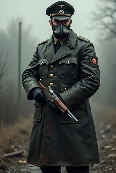 A Nazi in a leather coat with a gas mask, with a leather cap and a Luger pistol from the year 1945