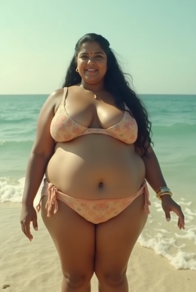 There is a indian plus-sized 15 XL extra large woman in bra and panty at beach, a screenshot by Max Dauthendey, instagram, serial art, still from a movie, still from movie, still from the movie, still shot from movie, movie stills photography, film still f...