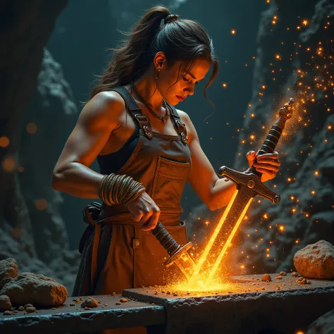 **Celestial Blacksmith at the Star Forge**  
"A muscular woman hammers a glowing comet into a sword on an anvil floating in deep space. Sparks from her strikes become newborn stars, and constellations swirl in her soot-streaked face. She wears a leather ap...