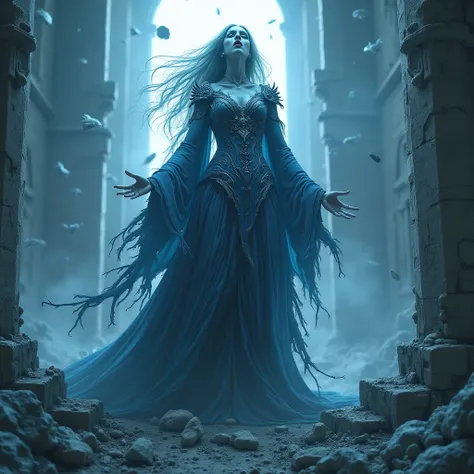 **Banshee Queen of the Shattered Citadel**  
"A spectral woman in tattered royal robes wails atop the ruins of a castle shattered by war. Her scream fractures reality, causing floating debris and ghostly soldiers to freeze mid-collision. Her hair flows lik...