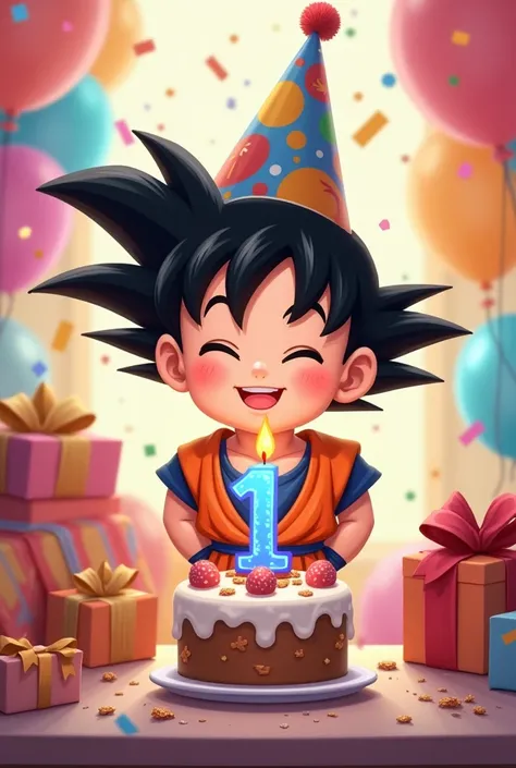 Create a cute Goku wearing a birthday hat with a cake and with a candle that is number one in blue with balloons confetti gifts on a party background