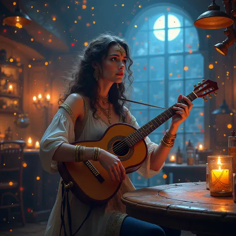 **Starlight Bard in the Astral Tavern**  
"A charismatic musician with a constellation-embroidered lute sings in a tavern floating atop a comet. Alien creatures, interdimensional travelers, and drunk gods clink mugs as her music bends starlight into hologr...