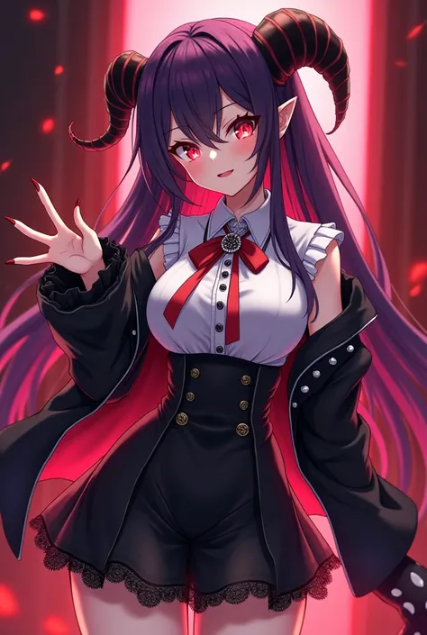 " Succubus with dark purple wavelength hair with red sparkles, red glowing eyes, pointy ears ,  bright and pale leather ,  wearing modern gothic black dress with lace and red ribbon ,  and silver necklace of magical symbols .  Academy uniform with white bl...