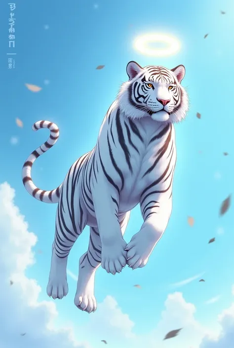 Make an anime-style image of a giant white tiger with a heavenly vibe with a halo flying over its back with two tails with fur as white as light and black stripes like emptiness in the sky setting

