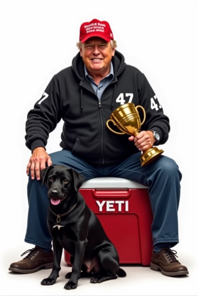 The image is a high resolution digital illustration featuring Donald Trump sitting on a red YETI cooler. Donald Trump is wearing a black hoodie with the number "47" on the sleeve, a red baseball cap, and a wristwatch. He is holding a trophy in his right ha...