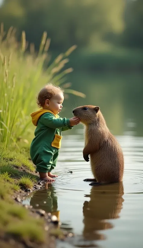 A heartwarming scene of a young  interacting with a capybara by the edge of a tranquil pond. The , dressed in a green onesie with yellow patterns, is standing barefoot in the shallow water, gently touching the capybara's face. The capybara is standing upri...